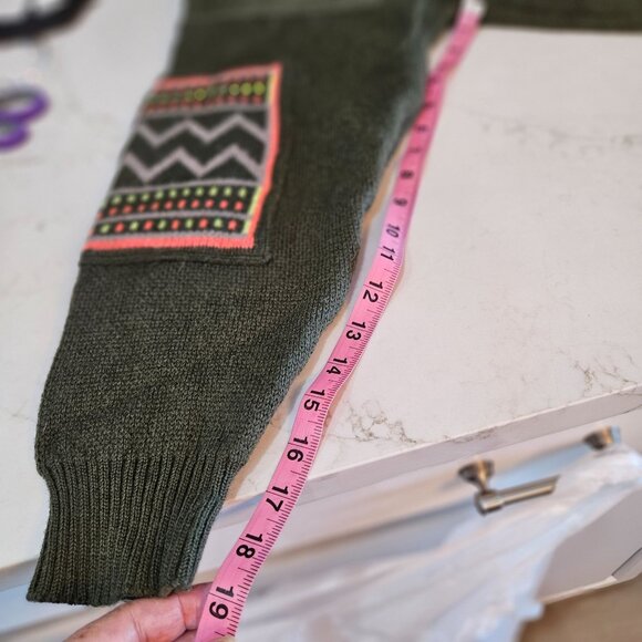 Vintage Sun Valley Green & Neon Fair Isle 80's Geometric Wool Sweater Large - Picture 9 of 10